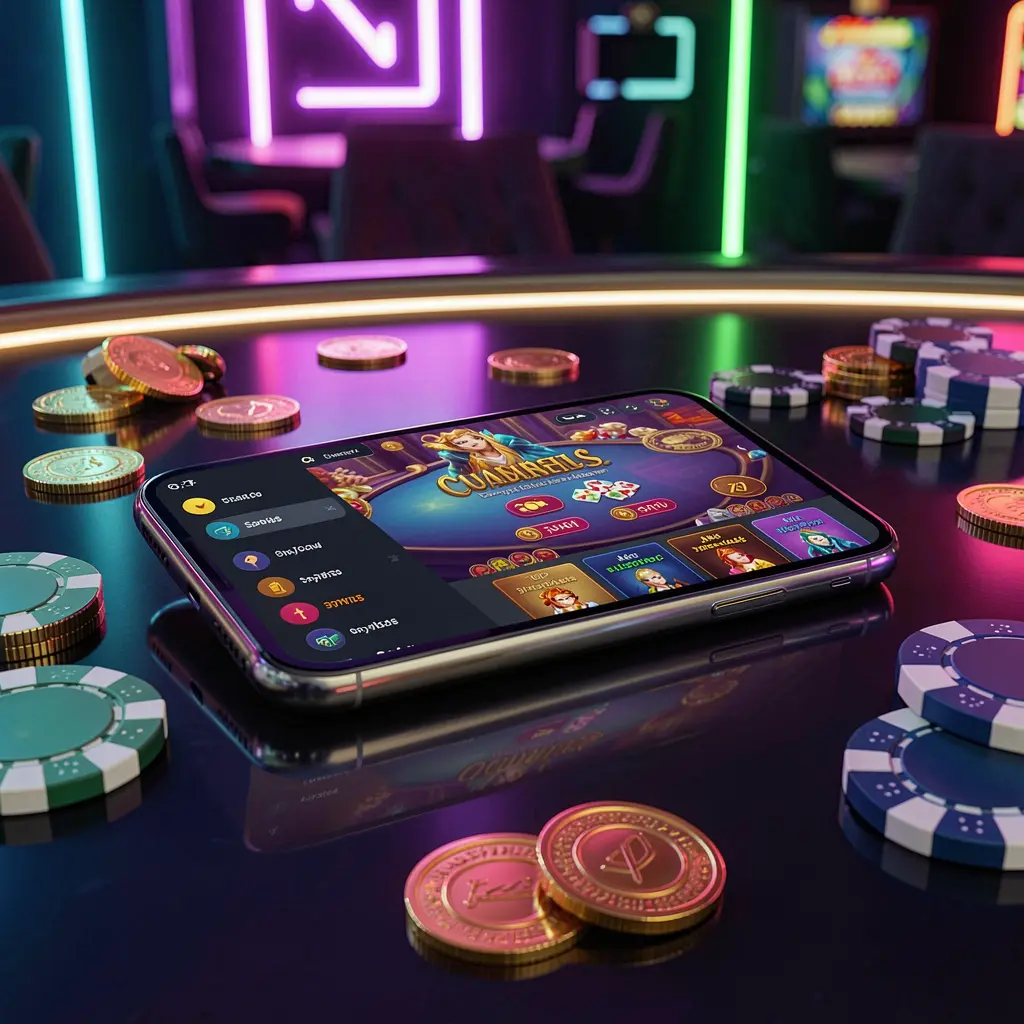 FX99 mobile casino dashboard on smartphone displaying colorful gaming interface with golden coins and poker chips on a glossy table under elegant neon lighting