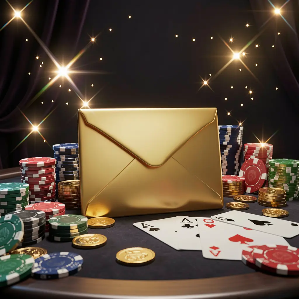 FX99 exclusive casino promotion scene featuring a golden envelope surrounded by chips, coins, and playing cards with sparkling lights on a luxury dark background