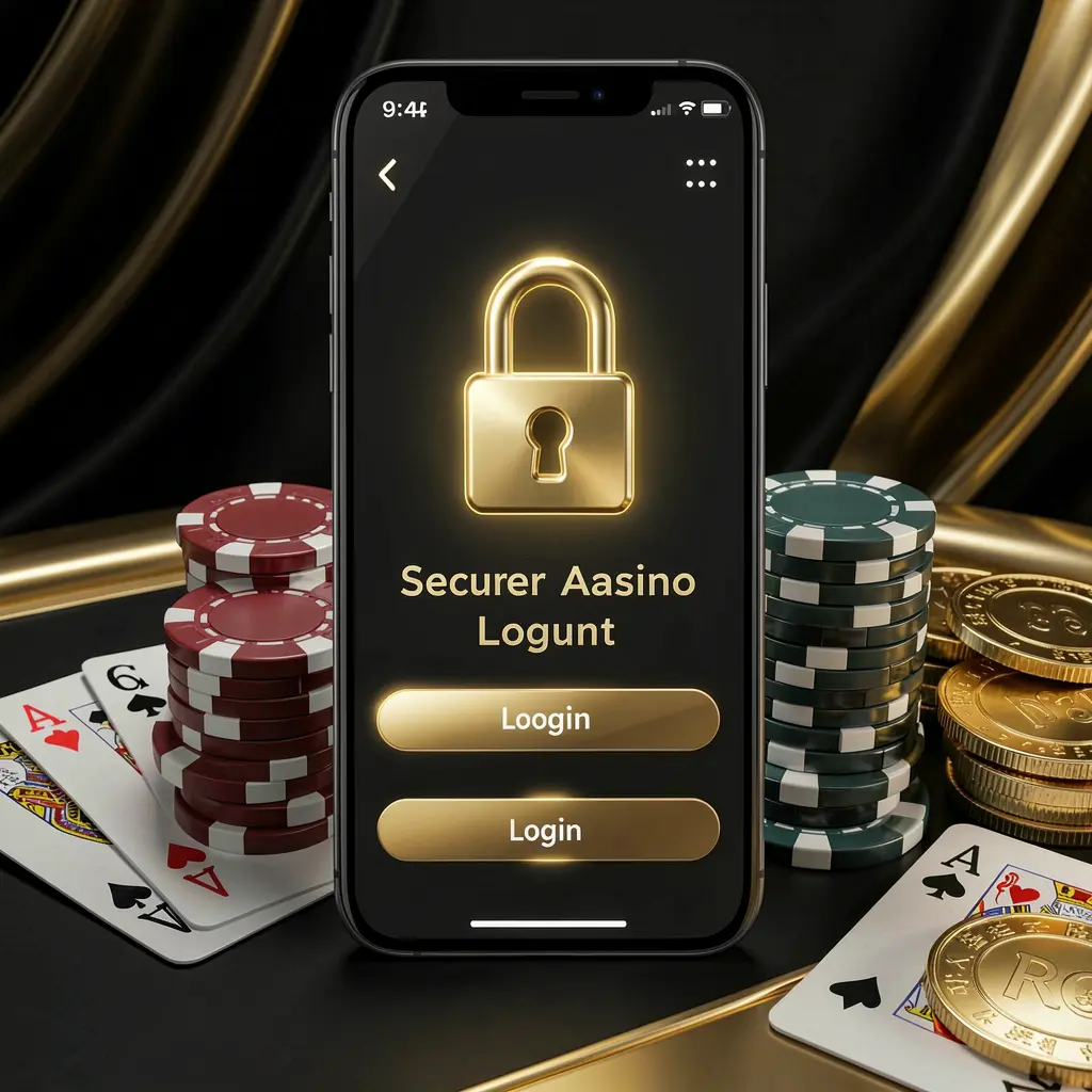 FX99 secure casino account login concept with glowing lock icon on smartphone screen, poker chips, playing cards, and golden coins on elegant black and gold background