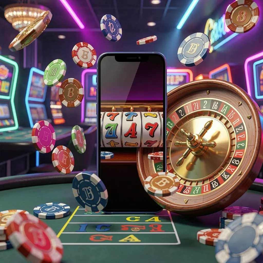 FX99 casino entertainment homepage concept featuring a modern mobile phone surrounded by slot symbols, roulette wheel, chips, and coins floating against a neon casino background in a premium 3D render